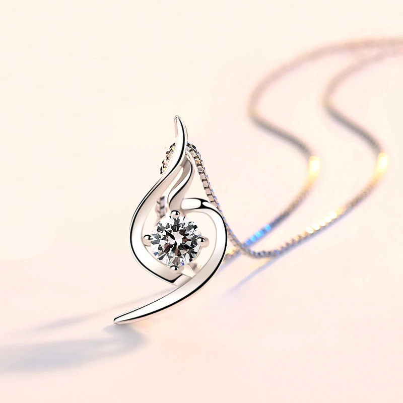 925 Sterling Silver Fine Elegant Feather Wing Zircon Pendant Necklaces Women Jewelry Gift Fashion Symbol Purple CZ Charm Choker