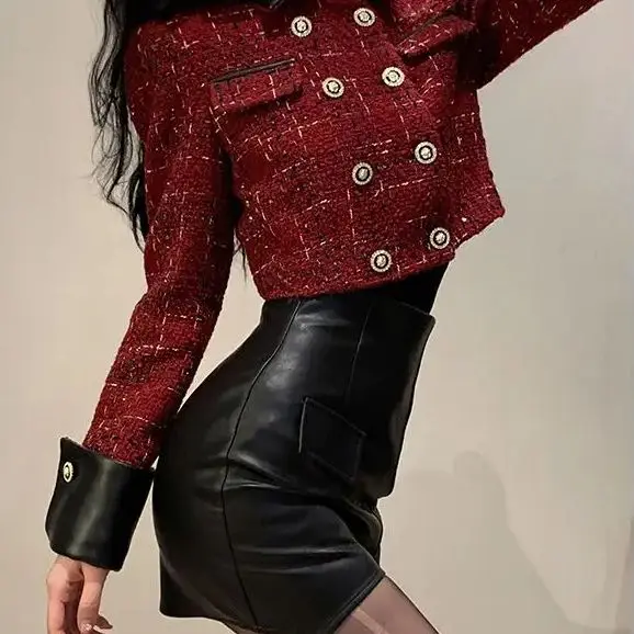 Temperament 2 Piece Sets Women Outfits Double High Quality Breasted Jackets High Waist Mini PU Skirt Suit Fashion Korean Set