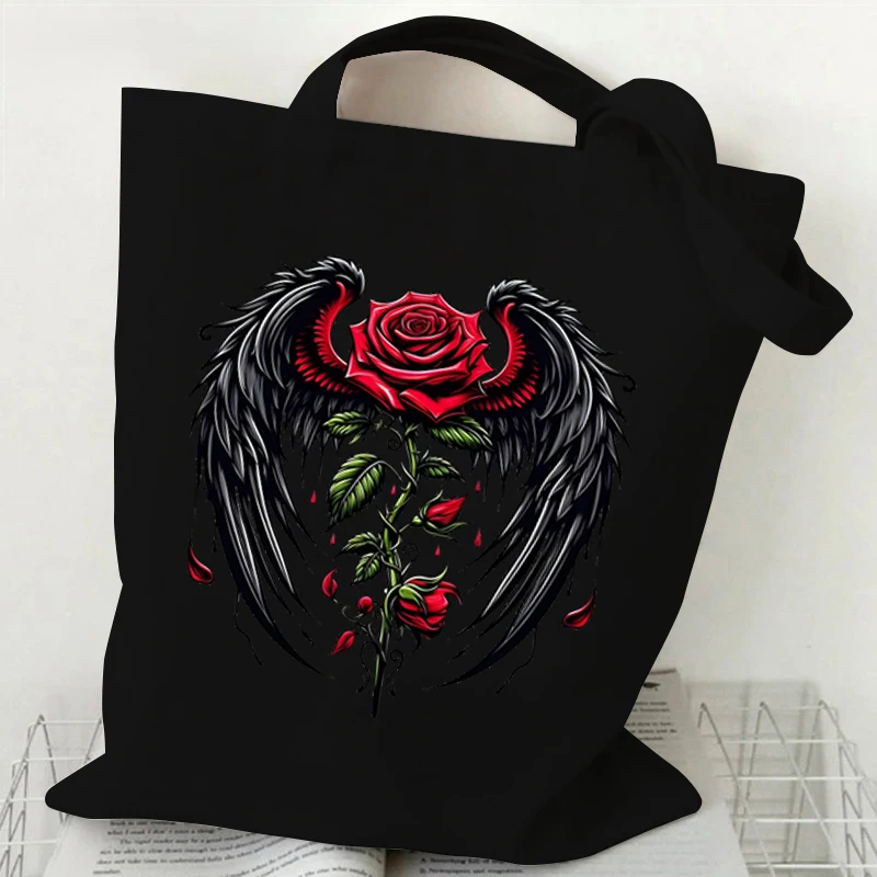 Gothic Rose Wing Print Shoulder Bag Women Vintage Plant Flower Style Shopping Bag Teen Fashion Floral Canvas Ladies Tote Handbag