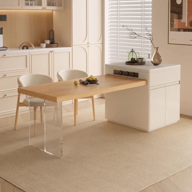 

Solid Wood Extendable Floating Island Dining Table Set - Cream Style with Bar Stools for Small Spaces