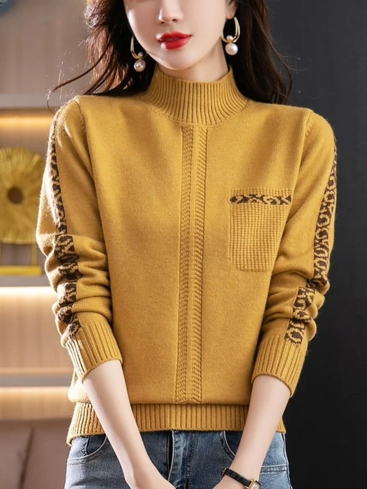

Women's Autumn Winter Knitted Sweater f High Collar Loose Fit Bot irt Overhead Floral Patterned Mommy Sle Knitwear