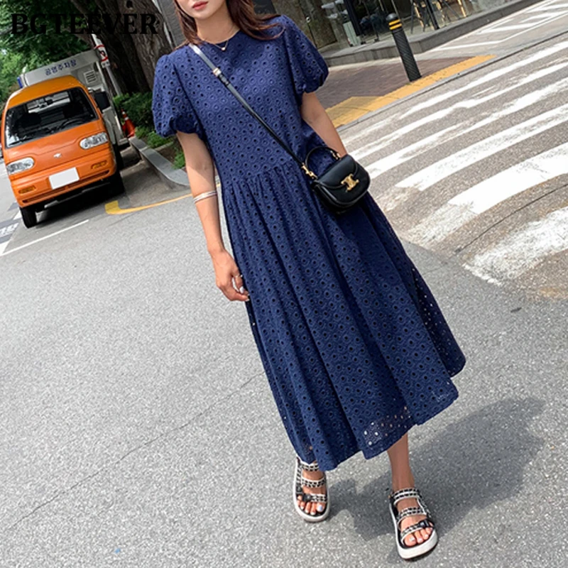 

BGTEEVER Elegant O-neck Puff Sleeve Women Mid-Length Dress Hollow Out Slim Waist Female A-line Dress Summer
