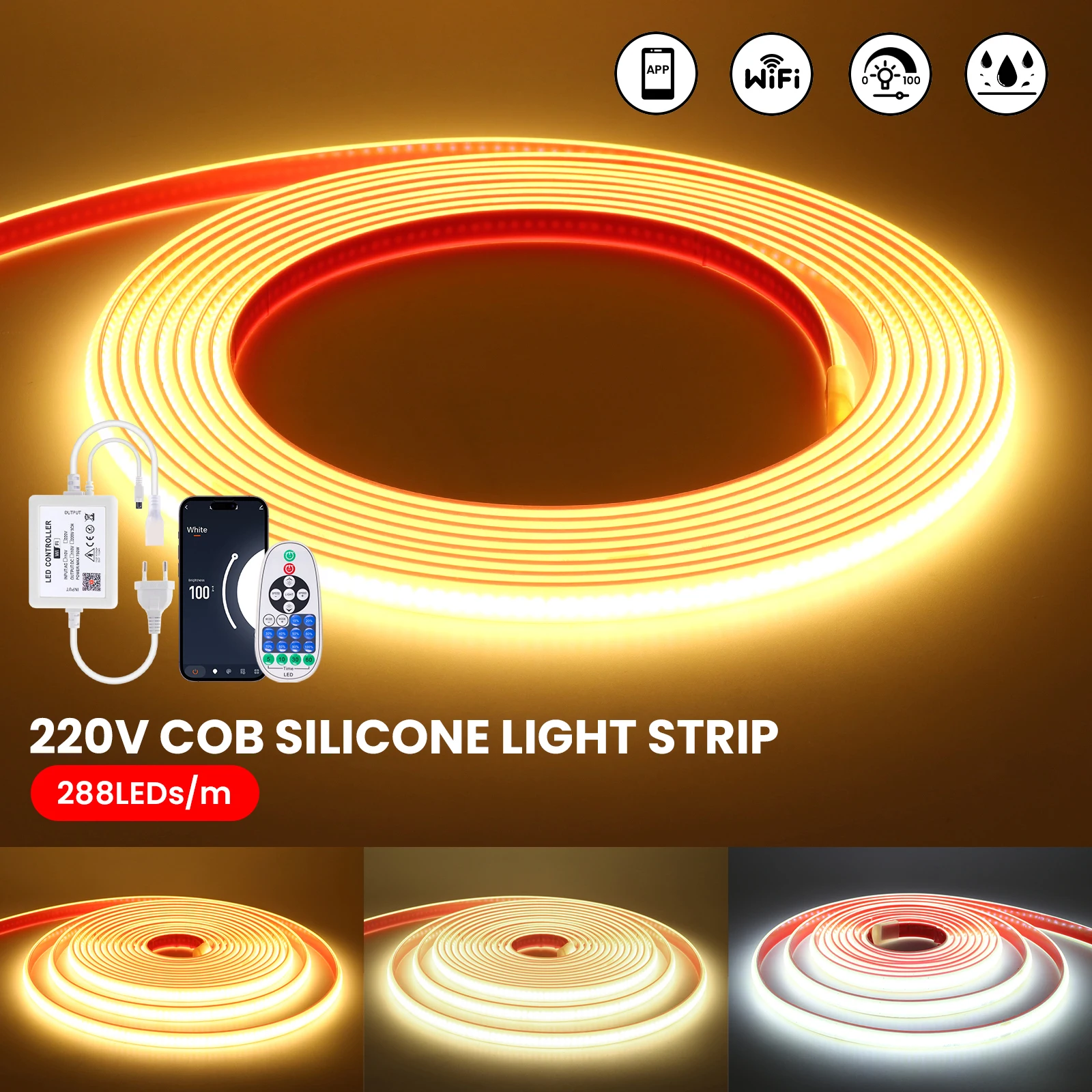 

Tuya WiFi Smart Dimmable AC 220V COB LED Strip Light White 3000K 4000K 6000K Waterproof LED Tape Work with Amazon Alexa