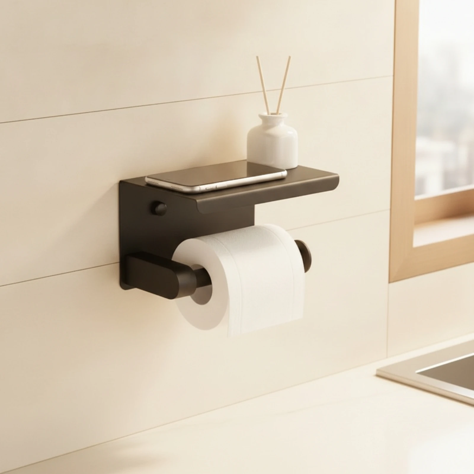 Toilet Tissue Holder with Shelf Modern Toilet Tissue Roll Holder with Shelf Bathroom Accessory Long-Lasting Hardware Sturdy