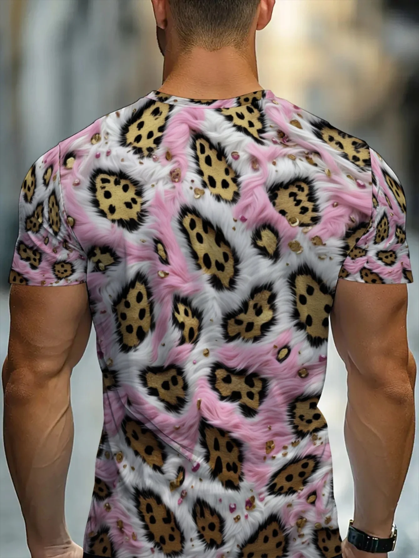 Men Pink White Faux Fur Leopard Print Tee O Neck Short Sleeve Summer Casual Top