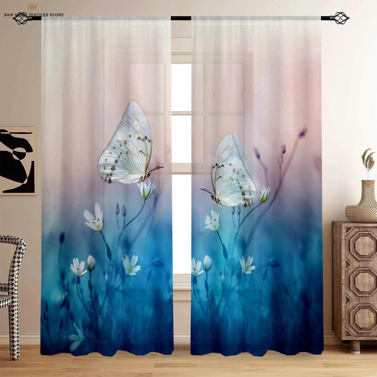 

2 Pieces Of Dreamy Flower Butterfly Print Curtains Garden Pastoral Style Bedroom Living Room Kitchen Decorative Curtains