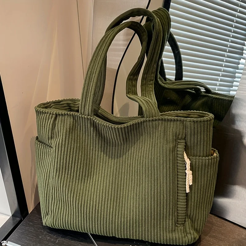 Leichte Cord-Handtasche mit großem Fassungsvermögen und Reißverschluss, einfarbige lässige Umhängetasche für den täglichen Pendelverkehr