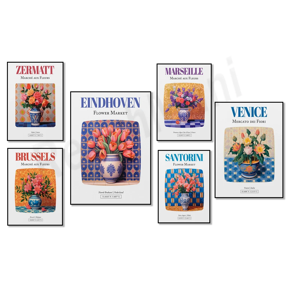 

Santorini, Switzerland, Marseille, Netherlands, flower market, Maiolica bougainvillea in a vase, tulip bouquet print poster