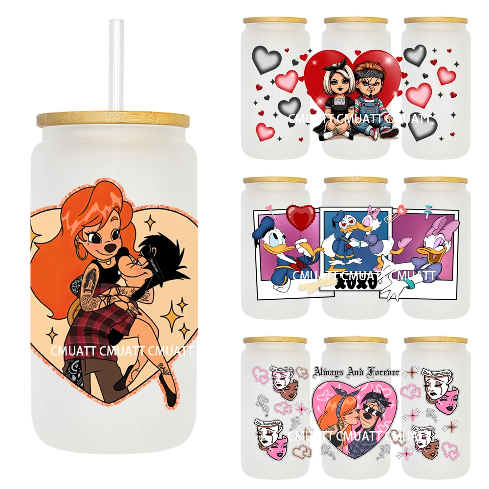 Xoxo Cartoon Paar 16Oz Uv Dtf Cup Wrap Transfer Sticker Custom Label Diy Waterdicht Logo Voor Libbey Glas Can Valentijnsdag