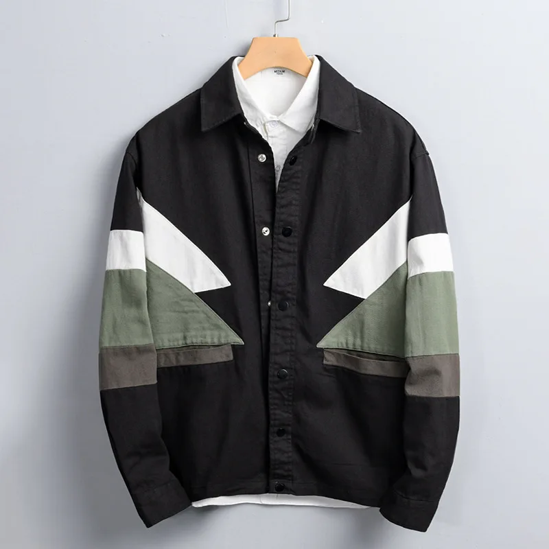 Spring 2023 Men's Loose Fit Casual Cotton Workwear Jacket Color Block Design Retro Trendy Street Style Long Sleeve Outerwear