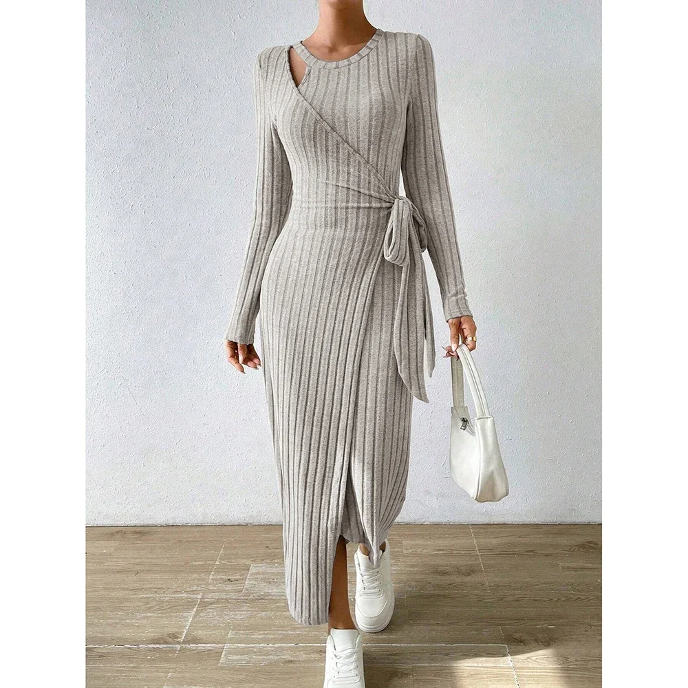 Cpsymym vestidos bodycon femininos nó assimétrico maxi manga comprida slim fit em torno do pescoço sólido vestidos de outono mulher