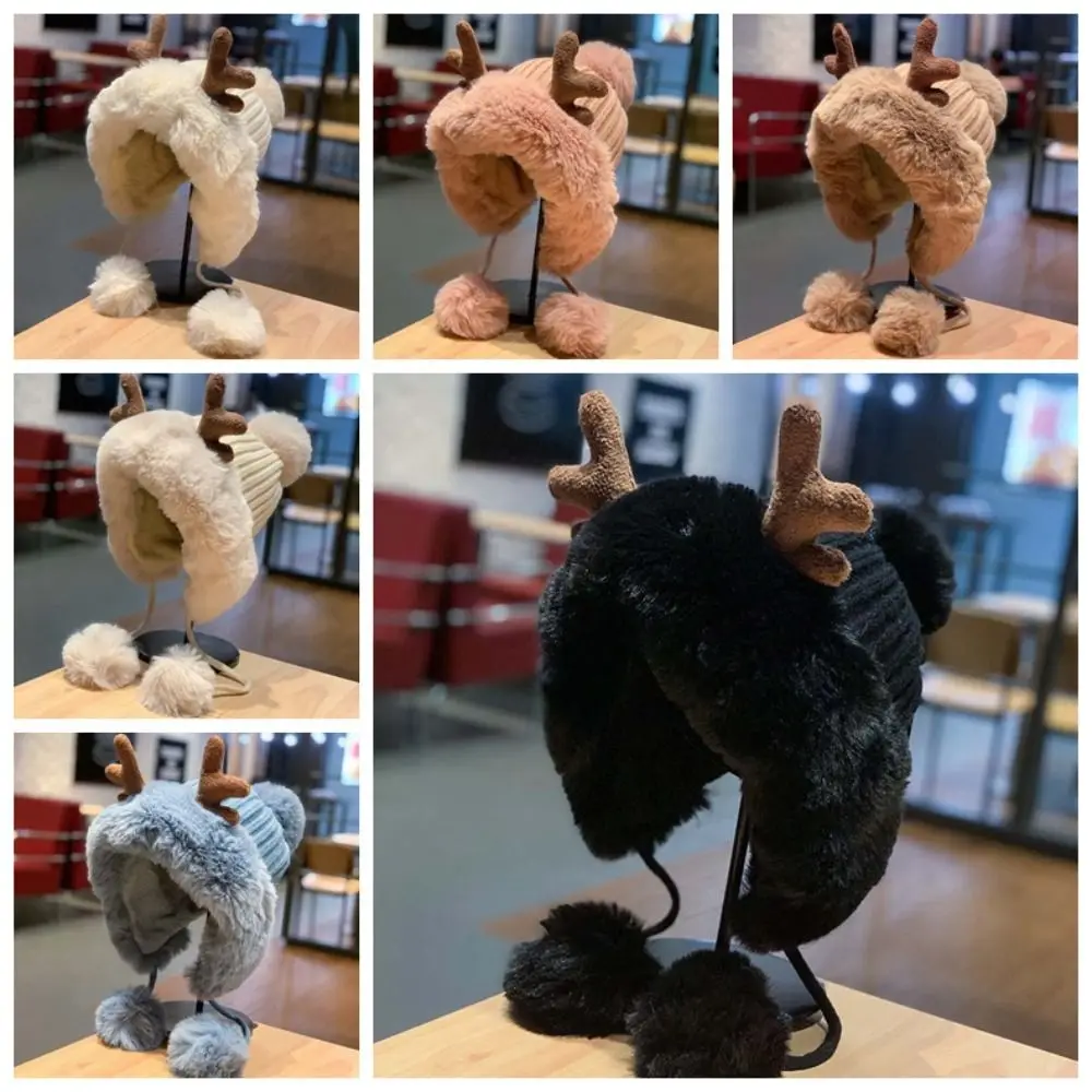 Winter-Strickmütze, Verdickte Hirschgeweih-Beanie, Winddichte Thermische Ohrenschutzkappe, Weiche Gerippte Warme Ohrenklappenmütze für Jugendliche – Detail 2