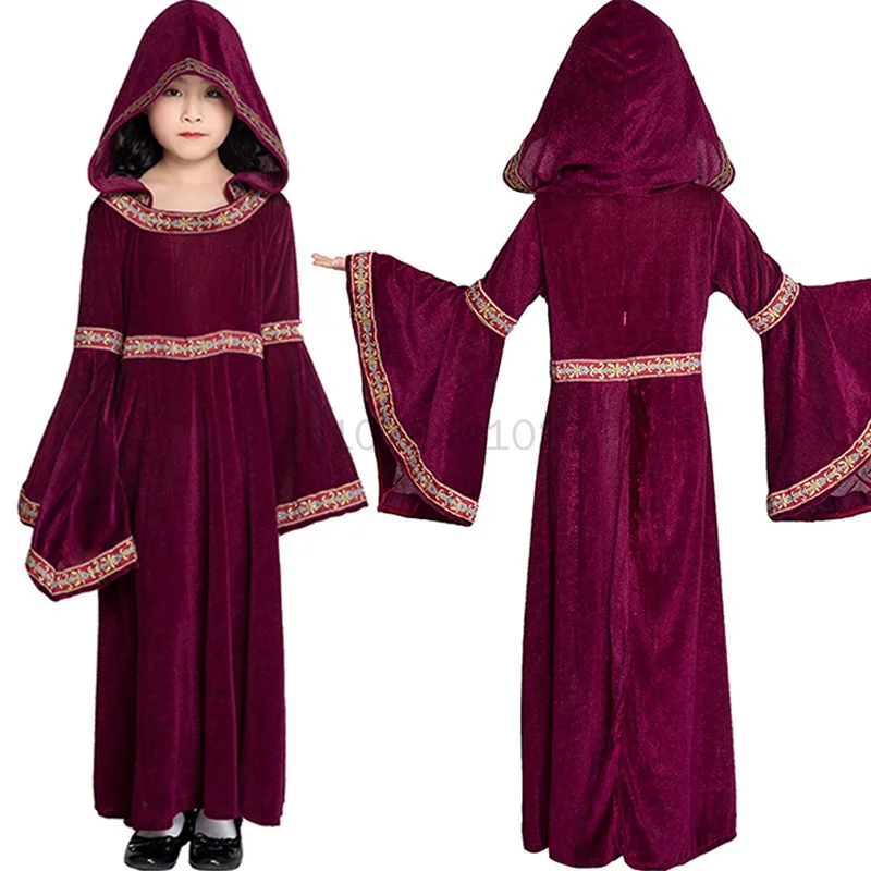 Medieval Retro Victorian Dress For Women Halloween Party Vampire Witch Costume Gothic Red Flare Sleeve Hood Long Dress Vestidos