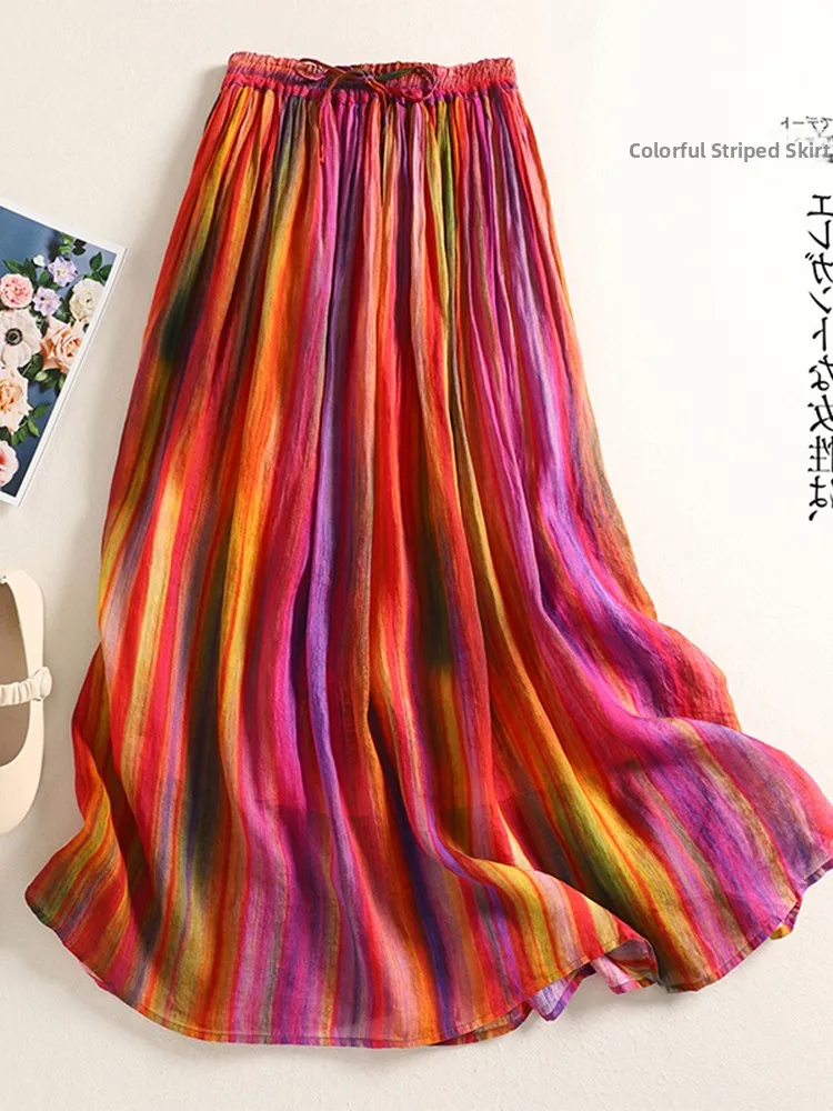 

Модная двухслойная юбка А-силуэта с радужными полосками, эластичным поясом и завязками, больших размеров, женская, летняя, повседневная, из смесового хлопка