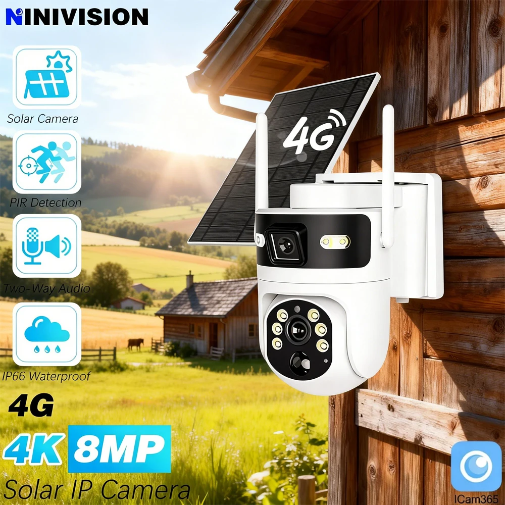 4G SIM Card ICam365 4K 8MP Solar Surveillance Smart Security PTZ IP Camera Two-Way Audio PIR Detection Full Color Night Vision