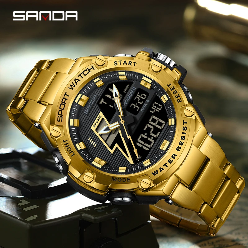 SANDA Men's Watch Electron Multi-Function Fashion Trend Outdoor Sports LDE Digital Luminous Alarm Clock Waterproof Male Watches