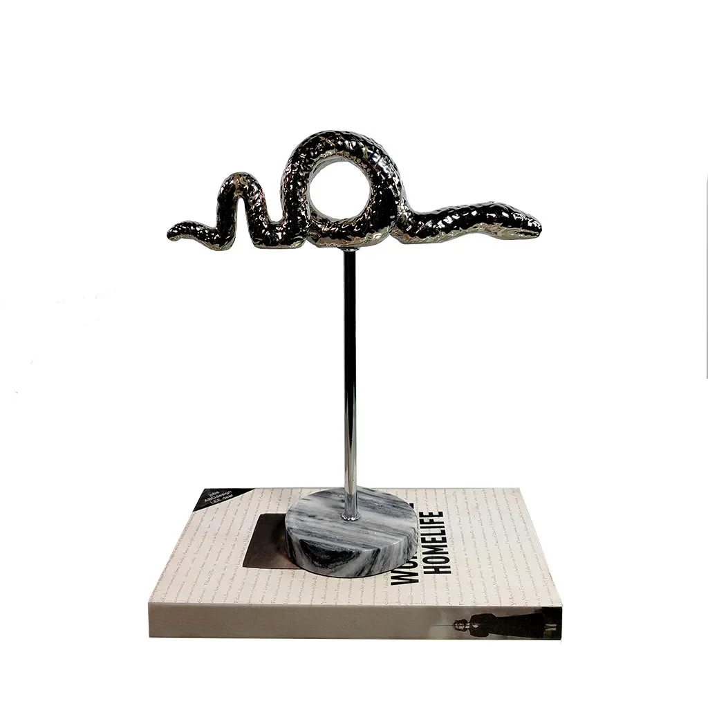

X22Ceramic Handicrafts Silver Snake Figurine Simulated Snake Statue Marble Base Decorative Figurines Home Decoration Accessories