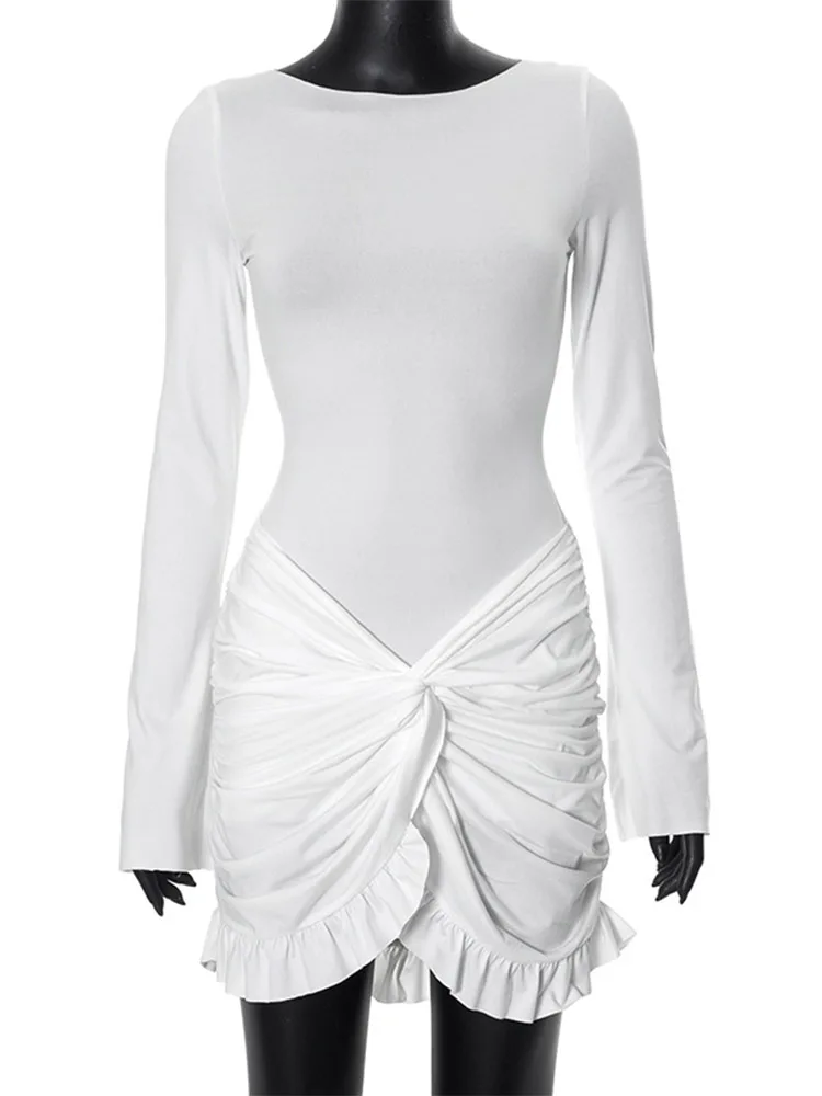 CNYISHE Flounced Edge Solid Elegant Bodycon Sheath Women Dresses O Neck Long Sleeve Outfits Sexy Club Fashion Female Vestidos