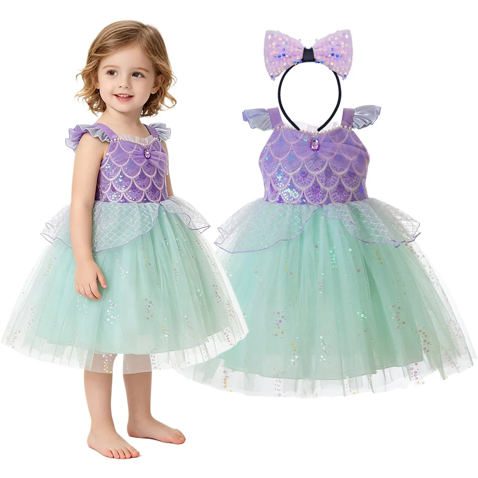 Little Girls Mermaid Dress Fly Sleeve Sequin Scale Bodice Sparkle Tulle Tutu Gown Kids Birthday Party Dress Casual Wear