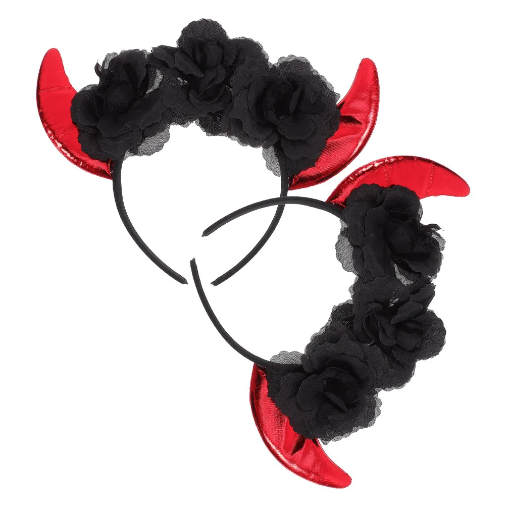 2Pcs Devil Horn Headband Halloween Hair Hoop Chic Spooky Design Fine Workmanship Sleek Appearance Multi Occasion Party Costume