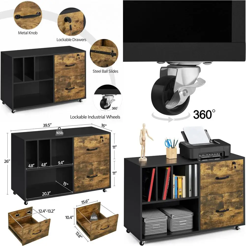 

Large Rolling Letter/A4 Filing Cabinet with 4 Shelves, Printer Stand, Home Office, Black/Rustic Brown