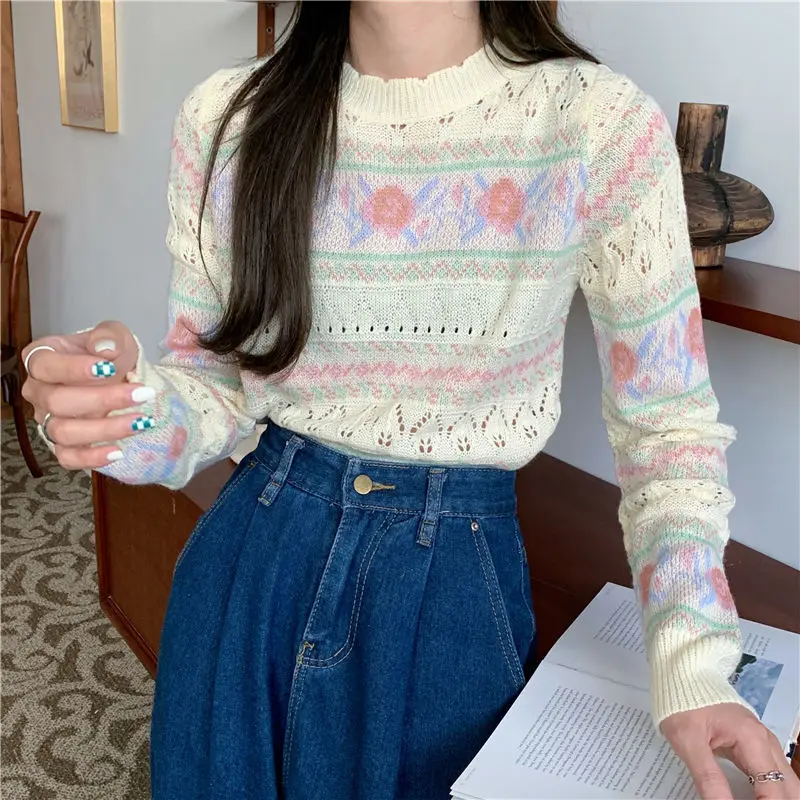 Temperament Spring Autumn New Sweaters Women\'s O-Neck Hollow Out Contrast Color Korean Casual Long Sleeve Pullovers Knitted Tops