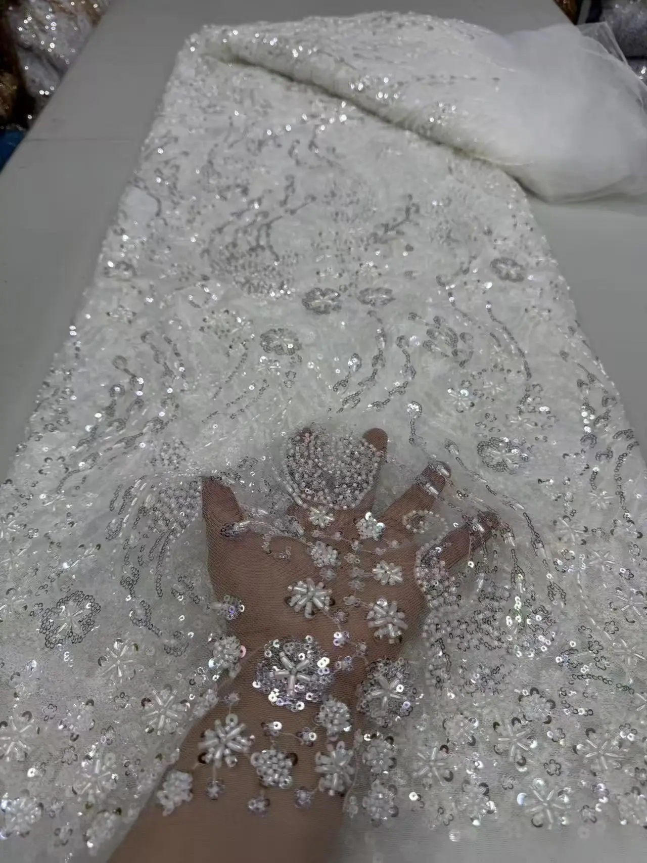 

White Nigerian African French Guipure Tulle Lace Fabric Sequin Beaded Embroidery for Luxury Wedding Party Evening Dresses M507-1