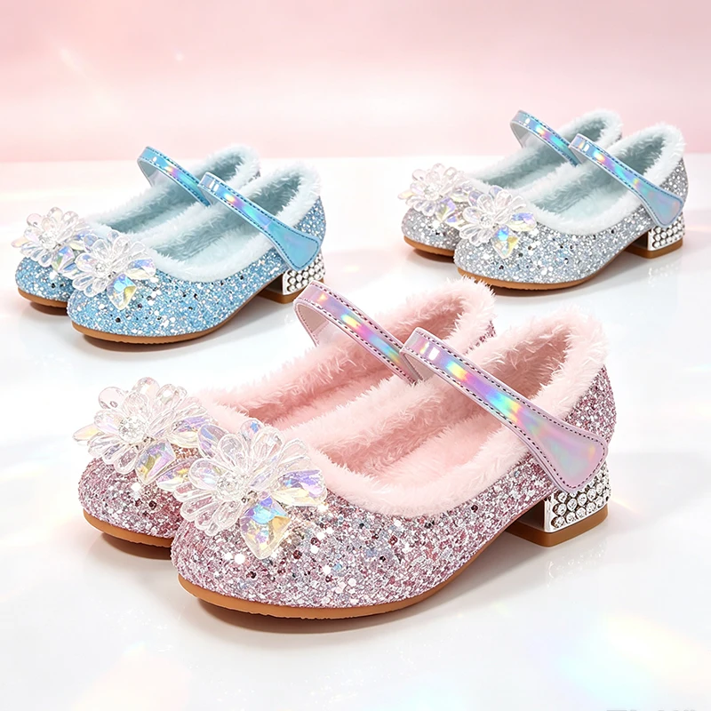 Winter Plush Little Girls Sequins Mary Jane Princess Crystal Shoes Christmas Halloween Cosplay Masquerade Birthday Party Shoe