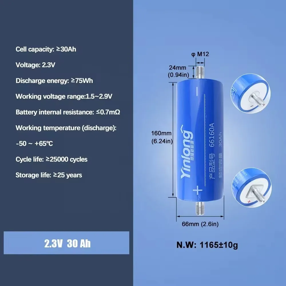 6Pcs High Discharge Rate LTO Battery Cell 2.3V 30Ah 30-Year Long Lifespan Rechargeable Lithium Titanate Battery for Solar Energy