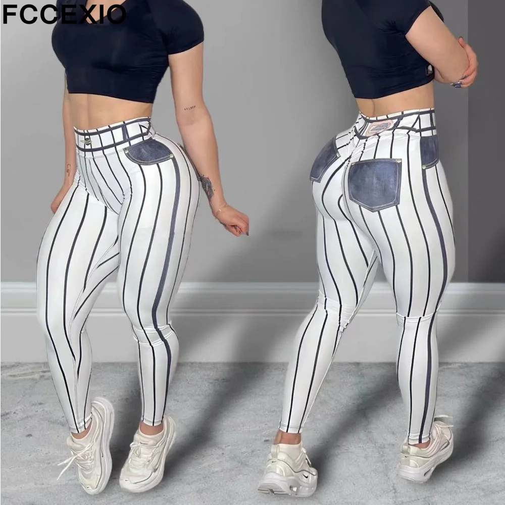 FCCEXIO Fashion Denim Stripe Print Women Sports Leggings High Waist Running Sexy Tight Fitness Workout Yoga Gym Push Up Cowboy P