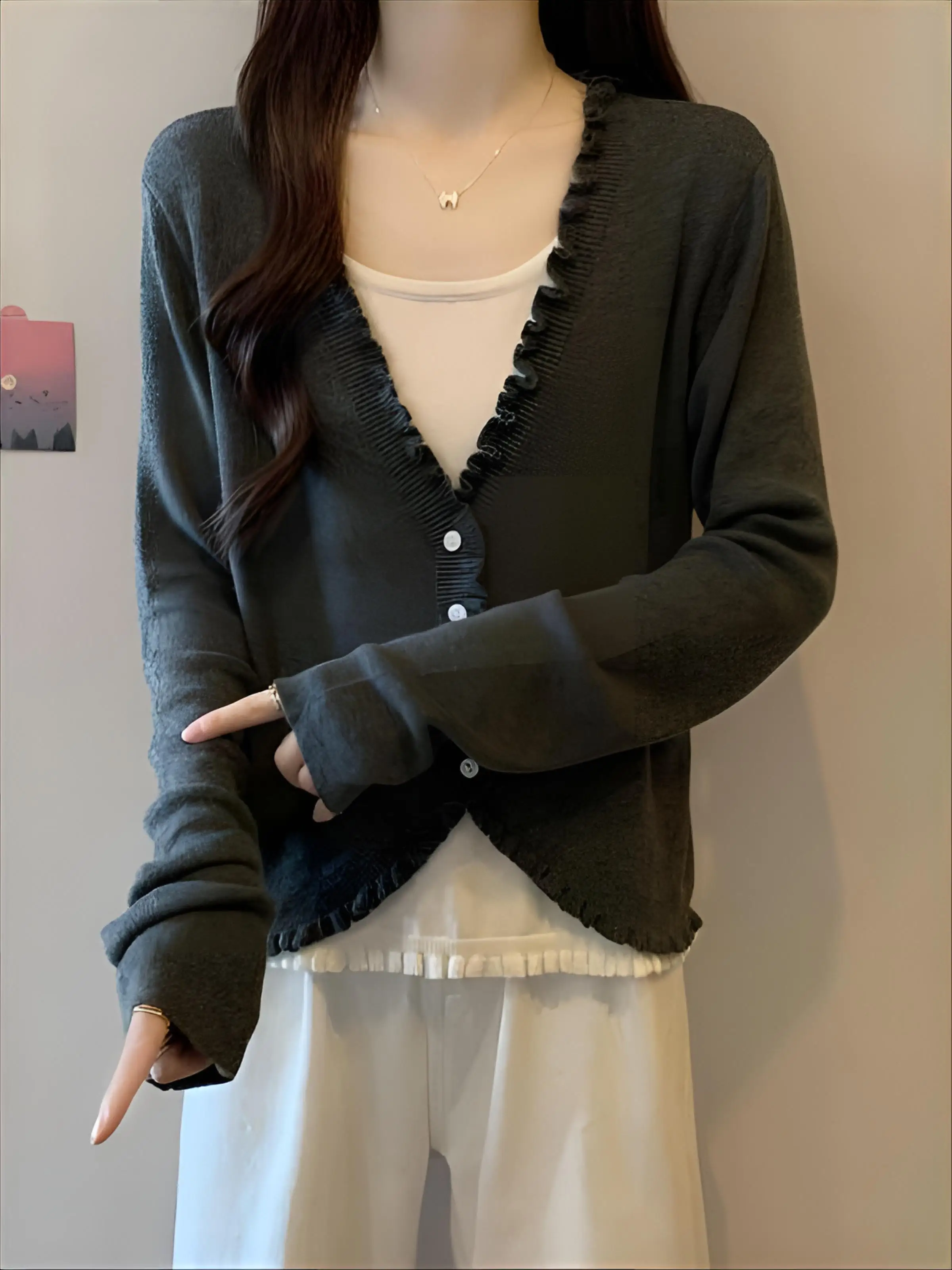 

Cardigans Teen Sweaters Womens Spring Ribbing High-Neck Boxy Tunic Fringe-Trim All-Matched Button-Up Splicing Knitted Streetwear