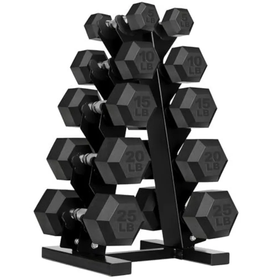 

150 lb RubberCoated Dumbbell Set with Integrated Rack for Strength Training: Easy Grip Durable Carbon Construction Ideal for Ho