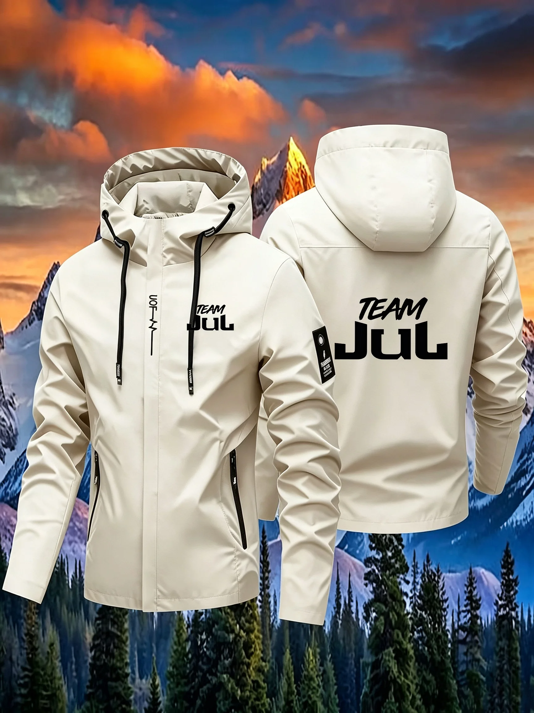 Men's Hooded Outdoor Jacket, TEAM JUL Letter Logo Front and Back Printed Decoration, Cuff and Armband Design,