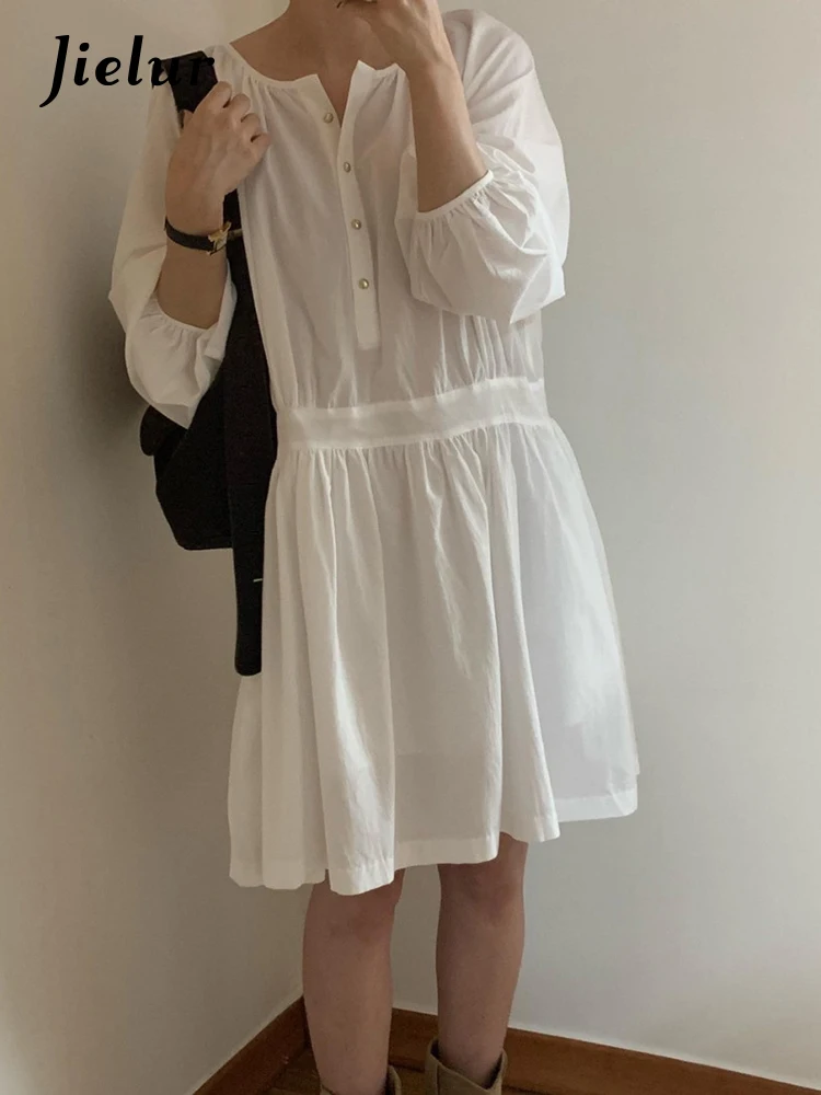 Jielur Solid Color Spring New Slim Woman Dress Korean Chic Ladies Simple Women Dress Coffee White Basic Fashion Street Dresses