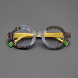Fashion literary personality frosted round glasses frame niche splicing multi-color wide edge small frame prescription glasses