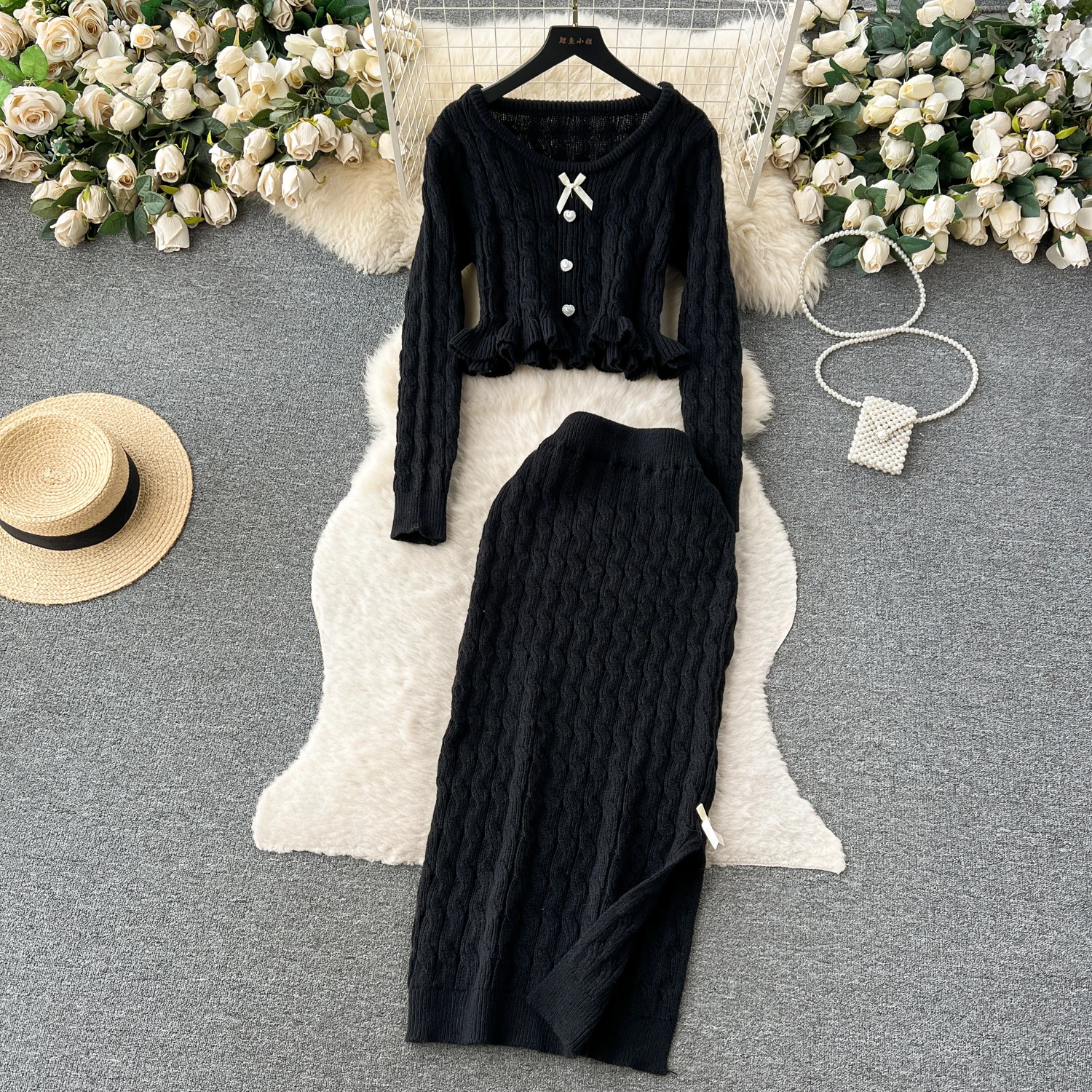 Junior Sets Youth Women Gentle Style Sweet Button Sweate  + Split Elastic Waist Midi Skirt Clothes Sets Female Knit Suits