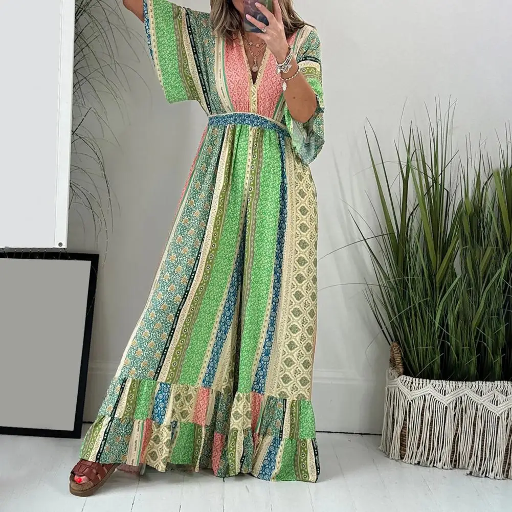 

Women Jumpsuit Bohemian Print V Neck Jumpsuit for Women Summer Beach Casual Wide Leg Pants Romper Overall with Half Sleeves