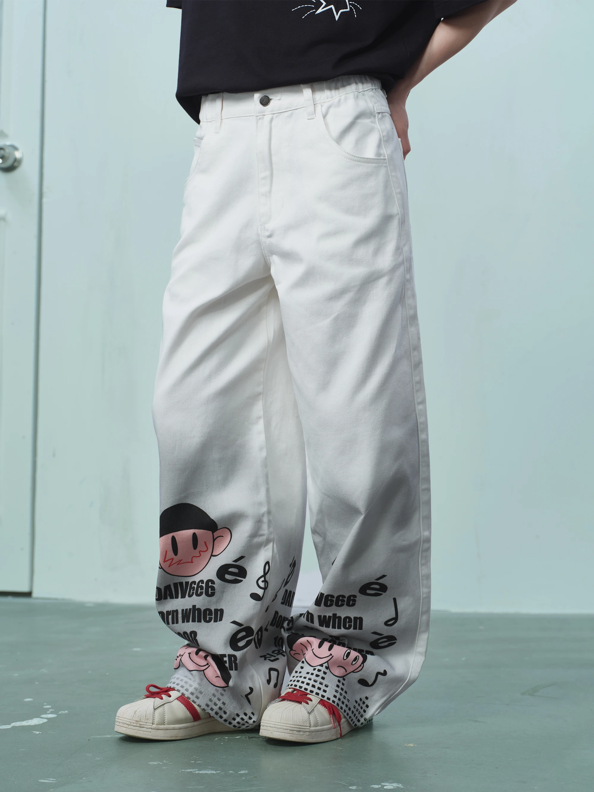 

Distressed Look Casual Pants Elastic Waist Graffiti Curved Knife Pants Loose Fit Cotton Straight Leg Summer Collection