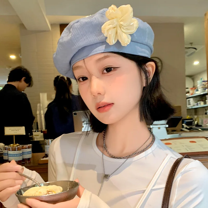 

French Flower Literary Retro Blue Beret Female Summer Thin Breathable Big Head Circumference Showing Face Small Painter Hat Tide