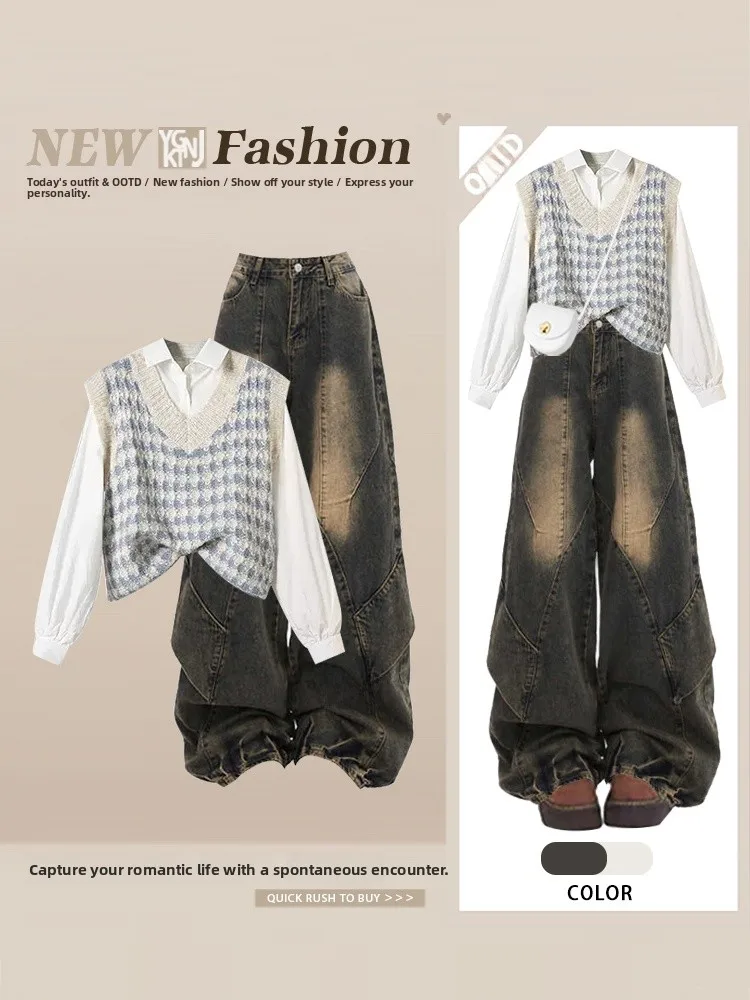 

2025 New Design Striped Vest Long Sve irt Women's Vintage Denim Jeans Tee-piece Set Casual Sle Autumn Collection