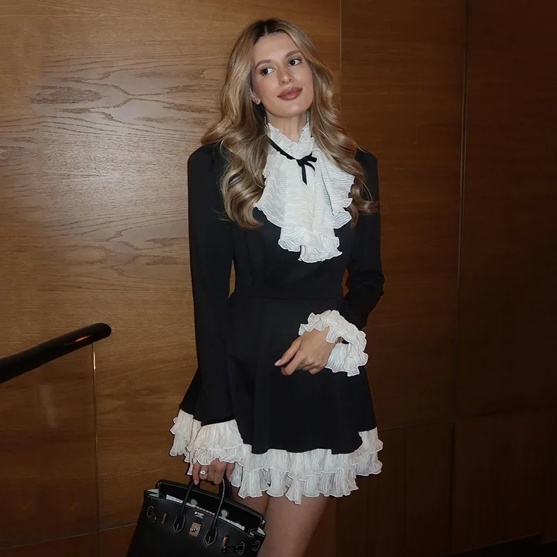 Tornova elegante kanten jurk met ruches, damesjurk met veters, chique zwart fluwelen jurk, contrasterende korte jurken met lange mouwen, hoge taille, vrouw