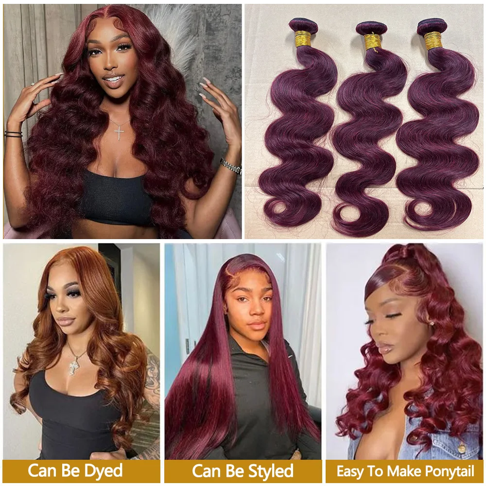 99J Burgundy 100% Brazilian Human Hair Bundles Body Wave Bundles Remy Human Hair Weave Extension 1/3/4 Pcs Body Wave Red Colored