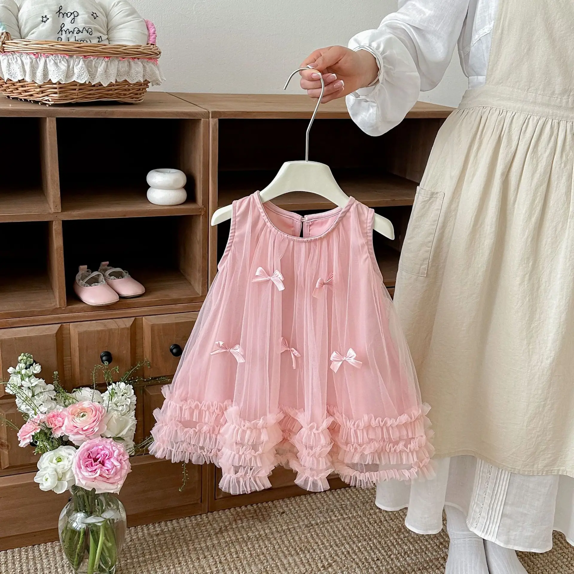 

2026 Summer New Girls Sleeveless Dress Kids Cute Sweet Puff Dress Baby Girl 3D Bow Mesh Princess Dress Toddler Clothes