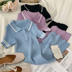 Lapel Knitted Dress Elastic Slim Soft Mini Dresses 2021 Solid Color Casual Simple Girl College Style Sweet  Bottoming Base Dress