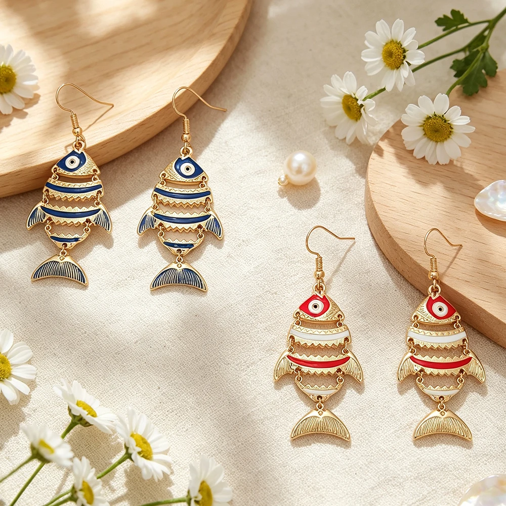 Summer Island Style Color-Blocked Fish Earrings, Dynamic and Movable Fish Ear Pendants, Ethnic-Inspired Atmospheric Earrings
