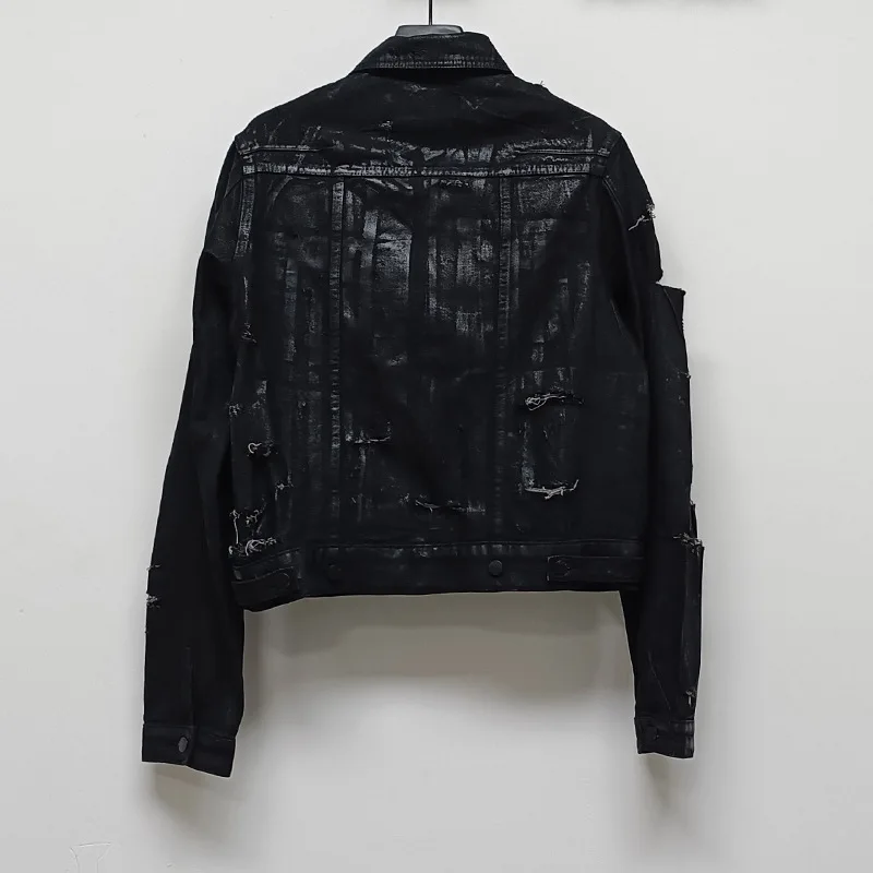High Street Jeans Jackets Men's Black Brushed Wax Style Lapel Hand Torn Heavily Damaged Denim Jacket  Men Clothing