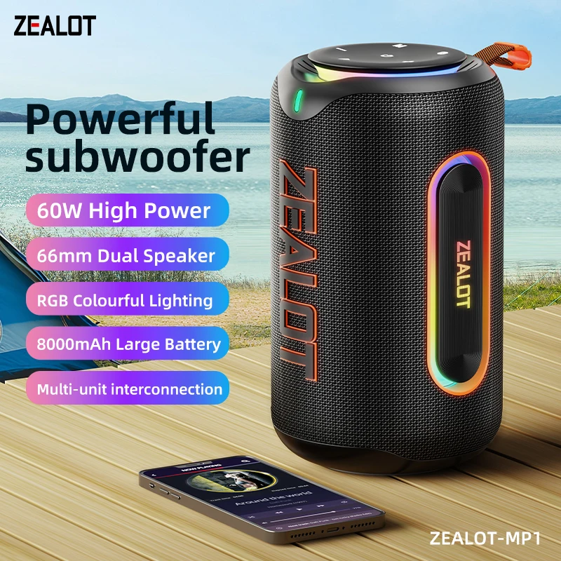 ZEALOT-MP1 Outdoor Bluetooth Speaker, 60W Output Power Bluetooth 5.3 Speaker ,Stereo Sound IPX6 Waterproof,Micro SD Card,RGB