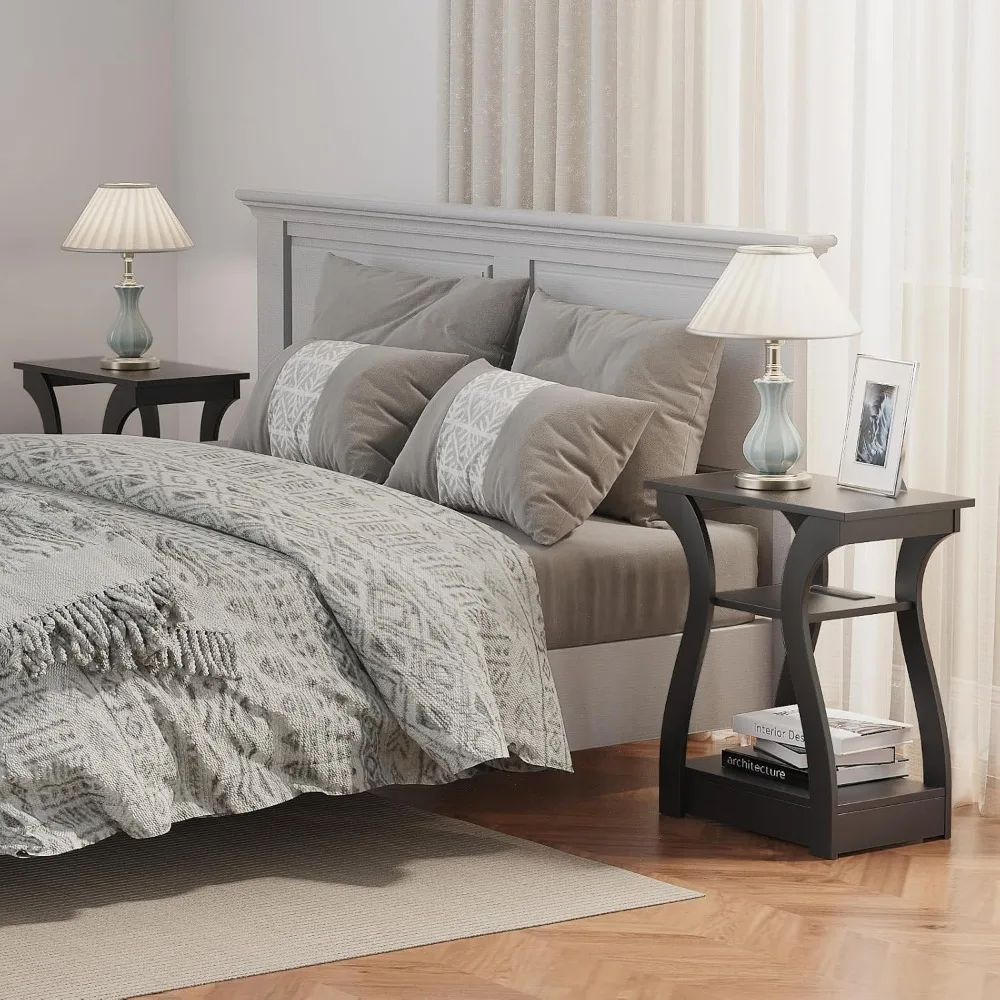 Table d'appoint de chargement à 3 niveaux avec ports et prises USB, table de chevet pour salon et chambre en noir