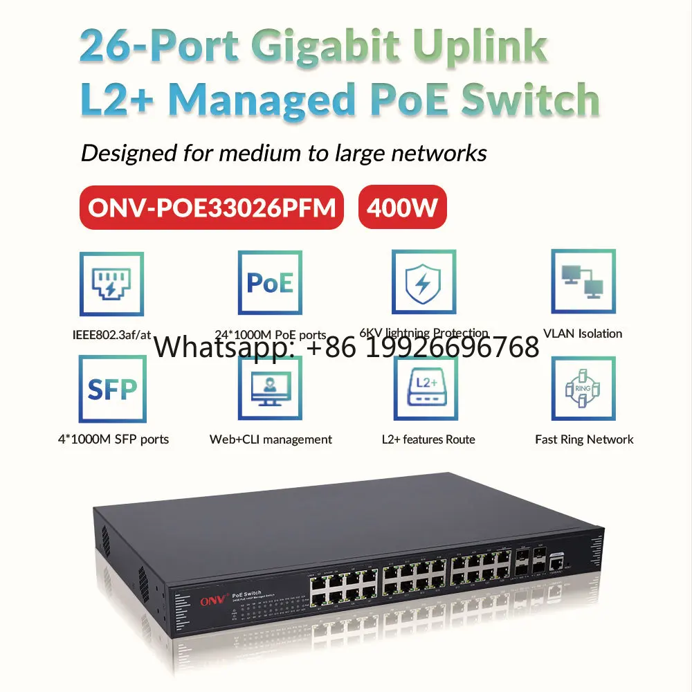 26-Port L2+ Managed Gigabit PoE+ Switch 30W 4 SFP ERPS 20ms for Hotel and Campus