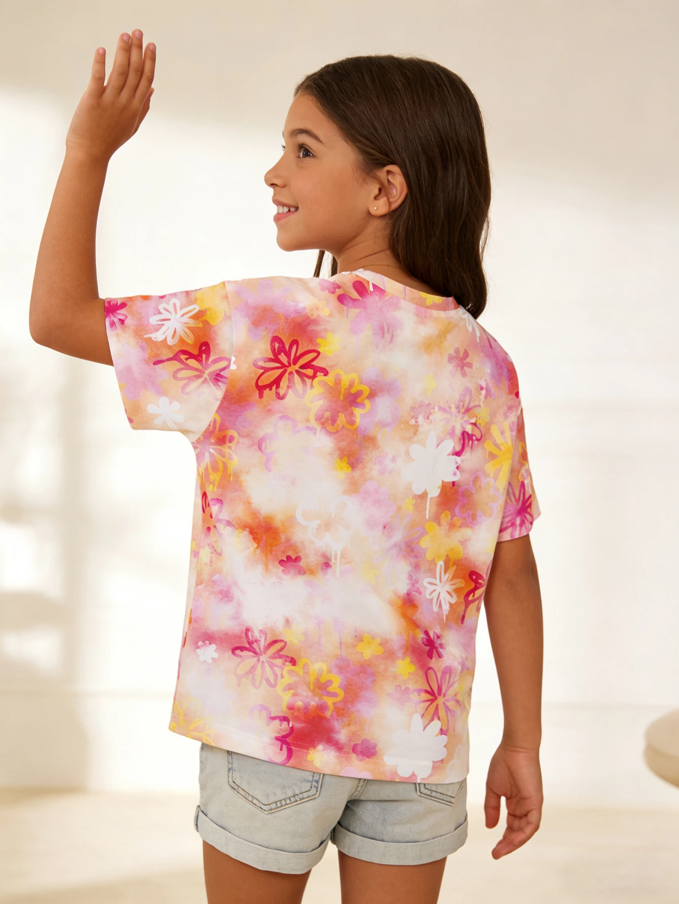 2026 girls pink orange gradual change colorful flower tie-dye short-sleeved T-shirt